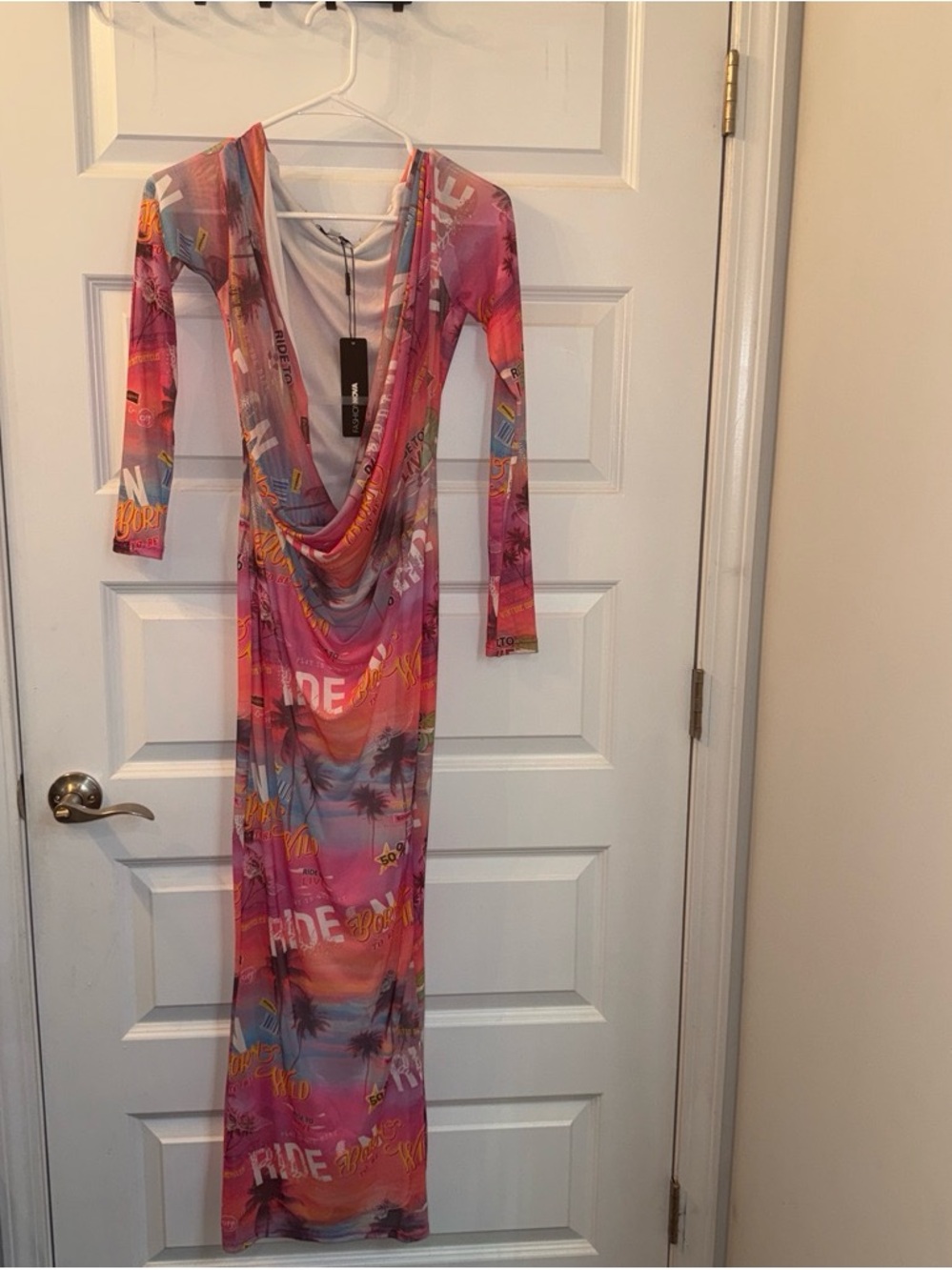 Fashion Nova Pink & Orange Printed Cowl Neck Maxi Dress